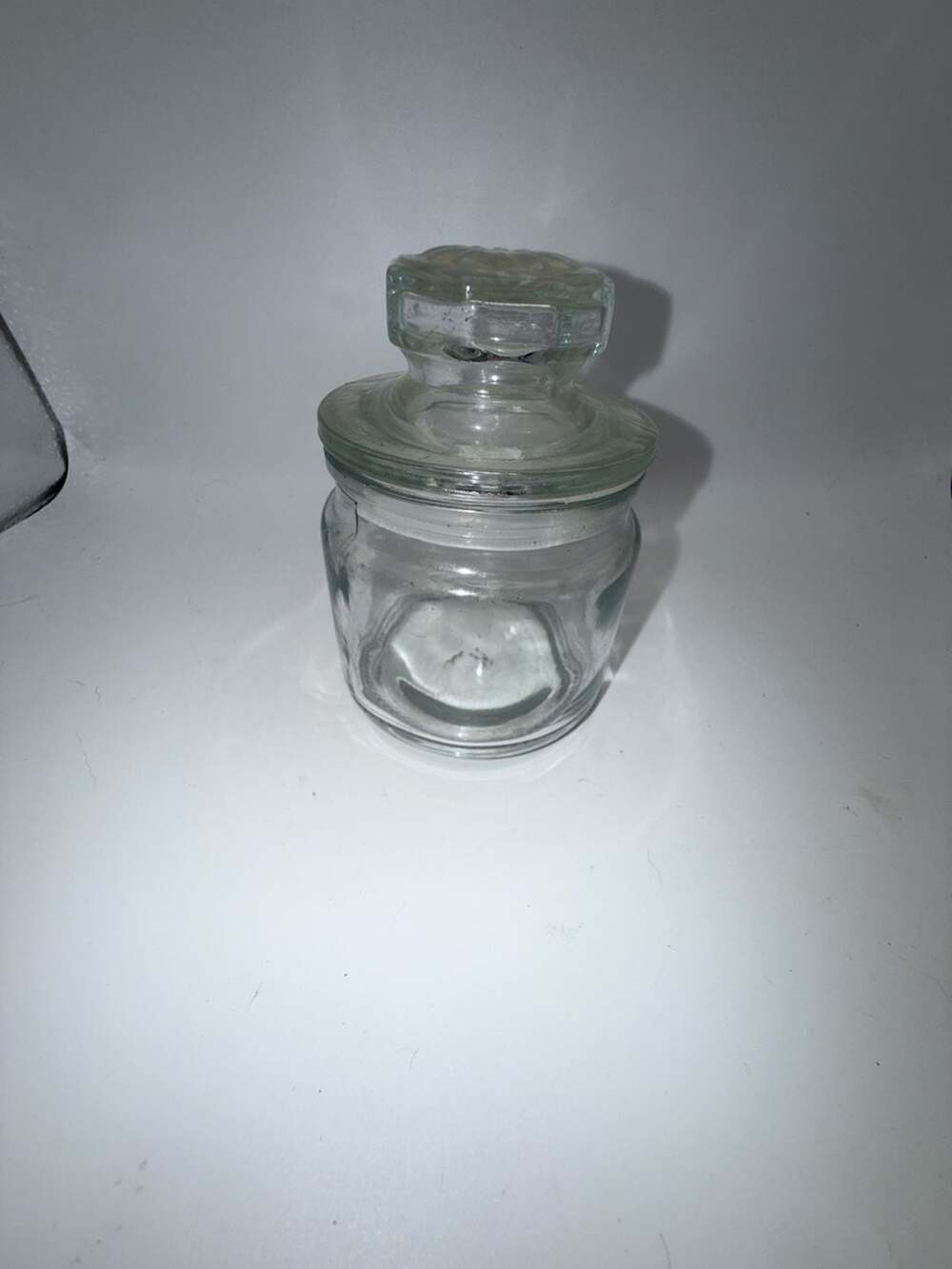Vintage Small Clear Glass Apothecary Jar with Pressed Floral Lid